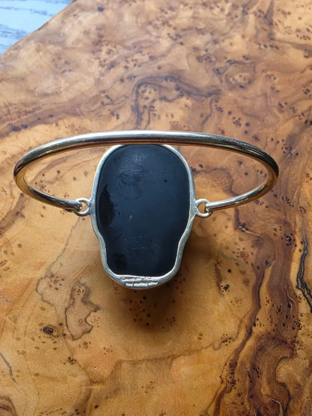 Obsidian & Fine Silver Skull Bangle